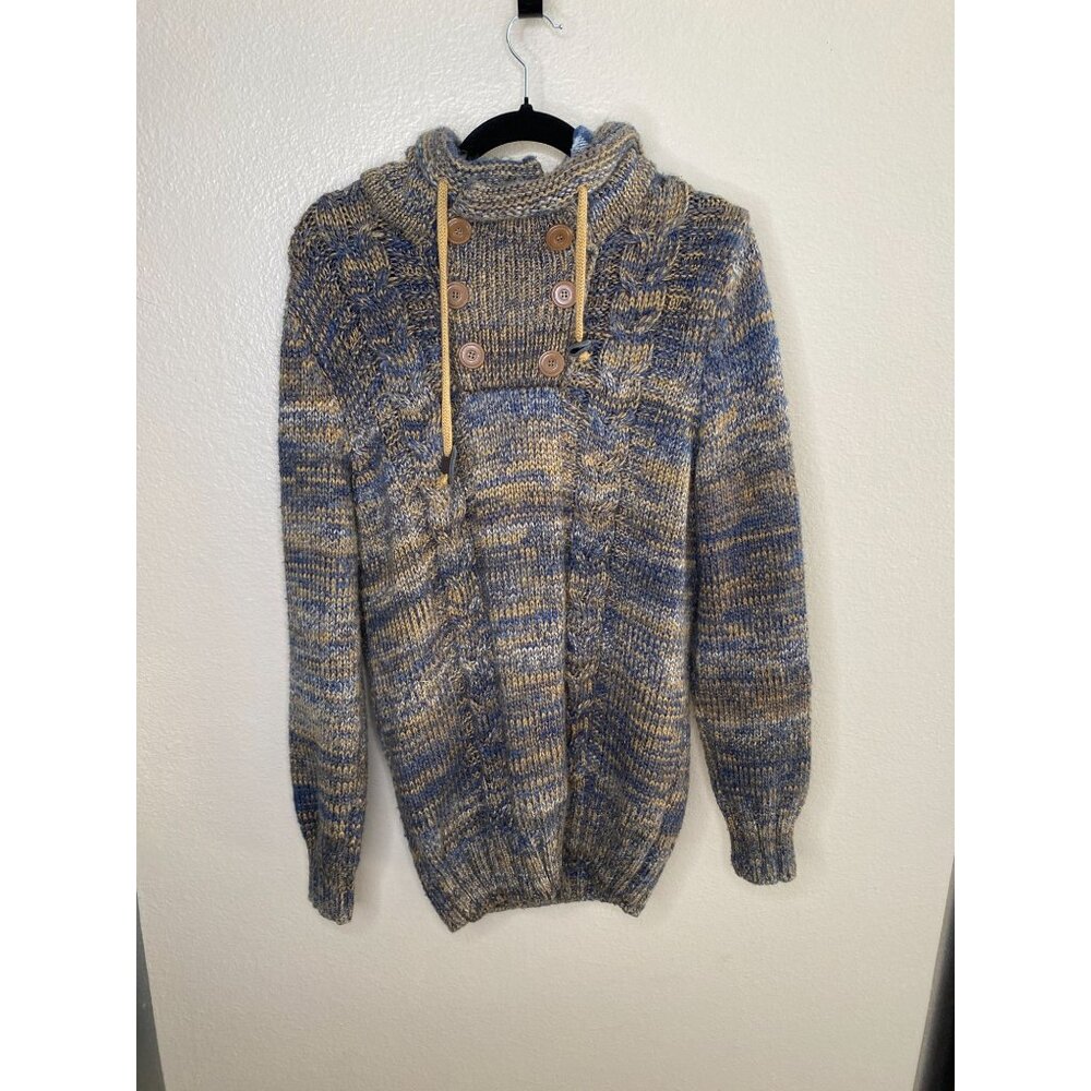 Leif Nelson Mens Knitted Hooded Sweater Blue XL Buttoned Collar Warm‎ Pullover